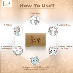 FAIR & WHITE Jabon Exfoliante, aplicación suave en rostro y cuerpo para preparar la piel.