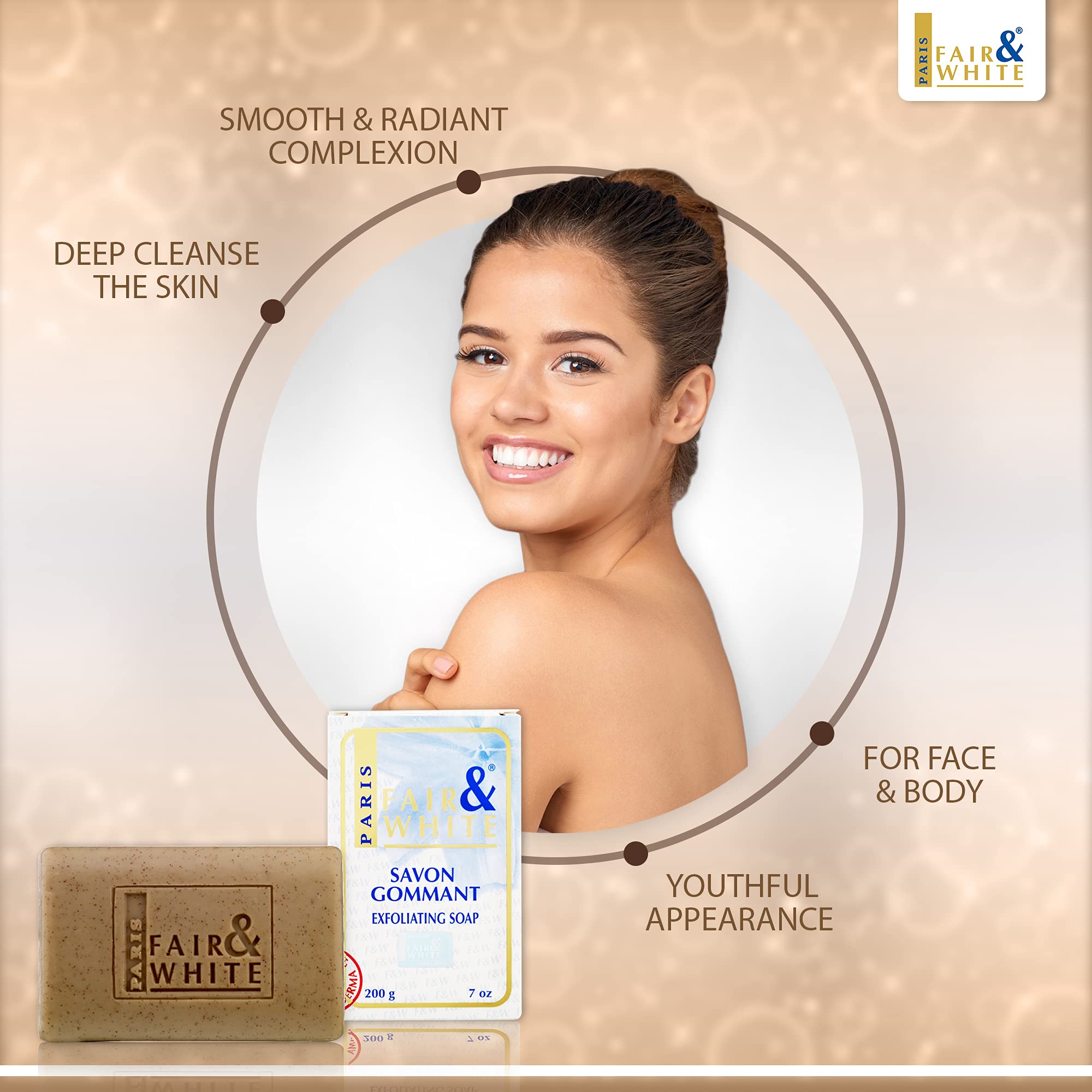 FAIR & WHITE Jabon Exfoliante, piel más luminosa y limpia tras uso.