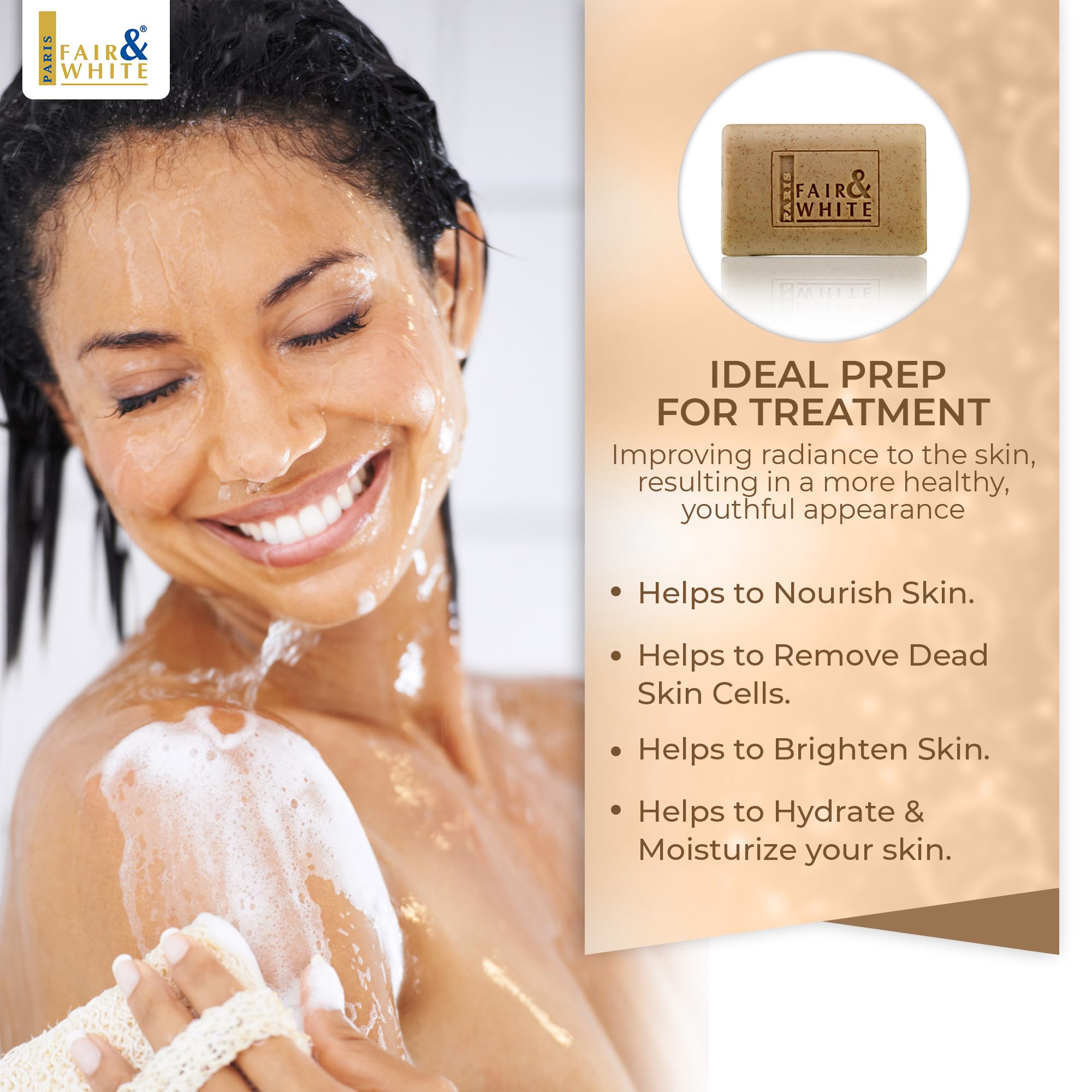 FAIR & WHITE Jabon Exfoliante, textura cremosa para exfoliación suave.