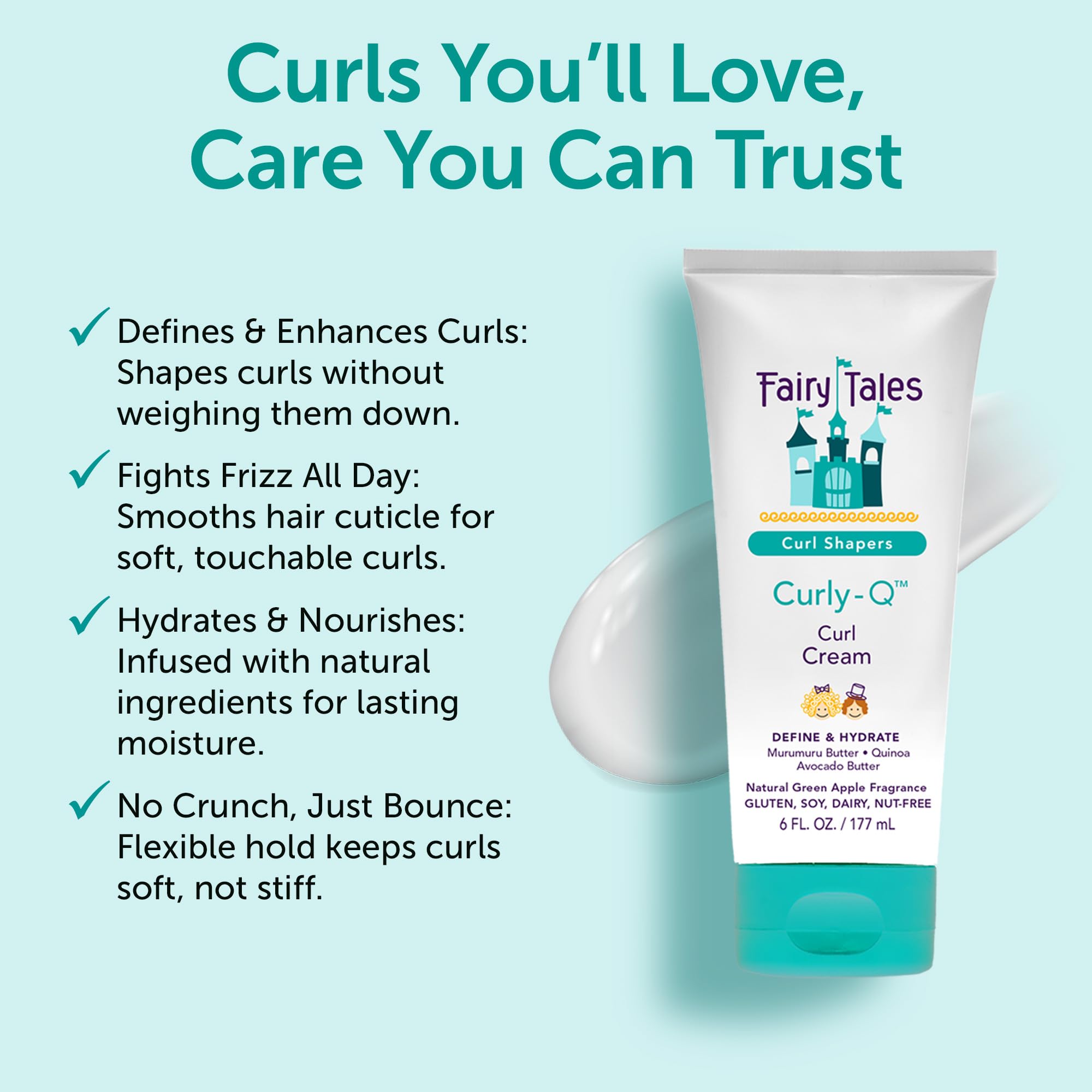 Fairy Tales Curly Q Kids crema aplicada en la mano facilita rizos definidos.