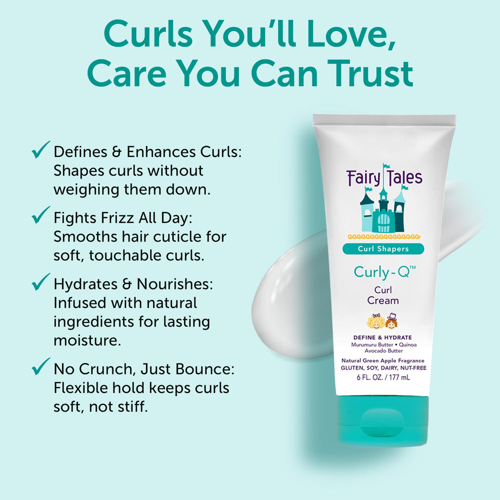 Fairy Tales Curly Q Kids crema aplicada en la mano facilita rizos definidos.