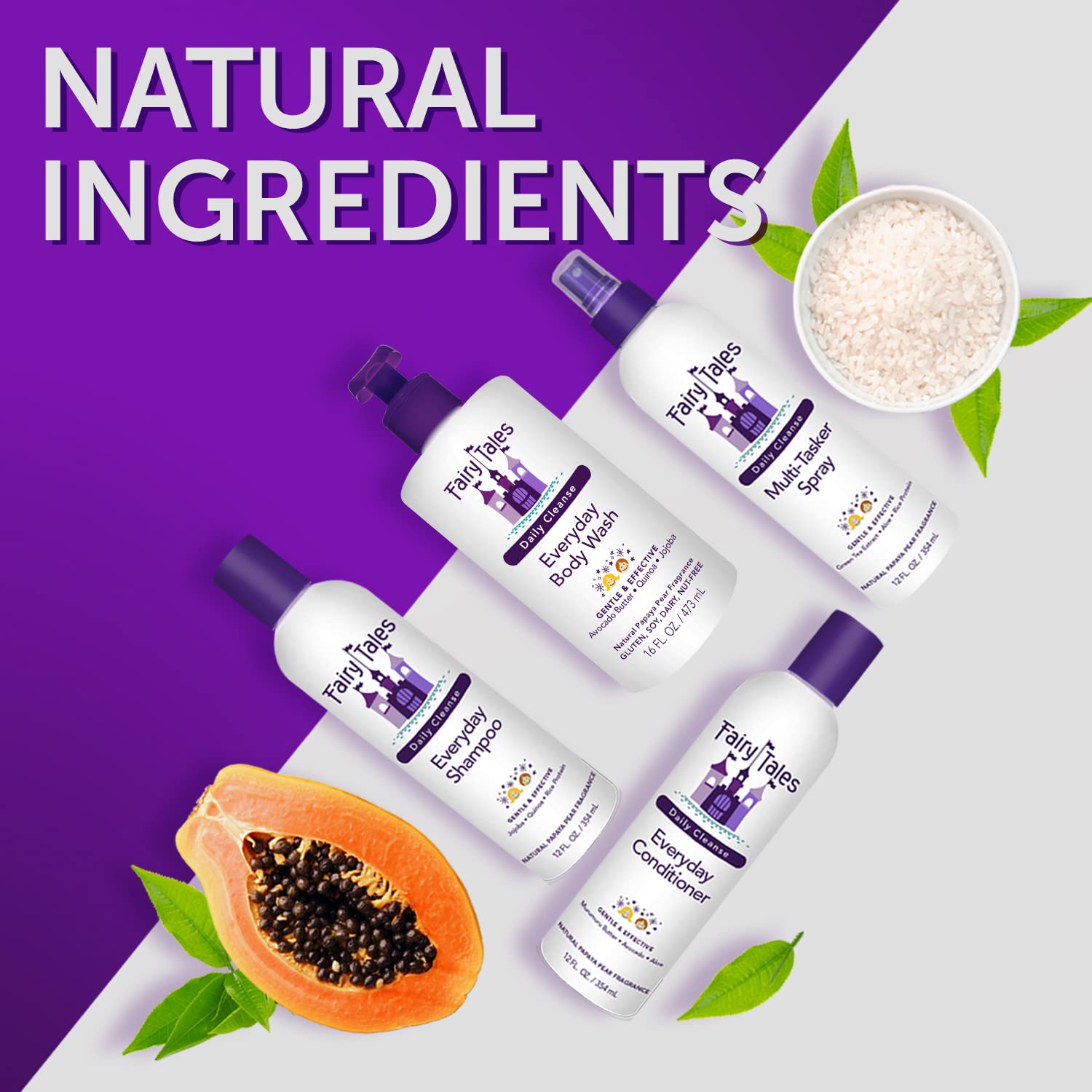 Ingredientes naturales de Fairy Tales Daily Cleanse para cuidado diario.