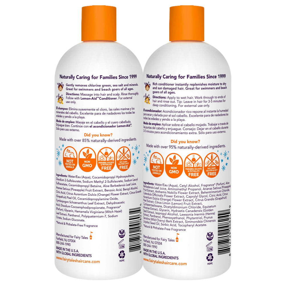 Fairy Tales Sun y Swim Acondicionador para niños, frente de la botella, desenreda y nutre.