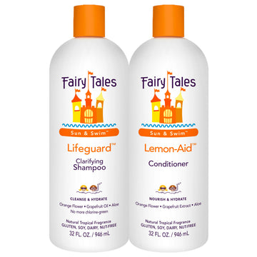 Fairy Tales Sun y Swim Champú para niños, frente de la botella, combate cloro y sales.
