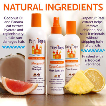 Etiqueta de Fairy Tales Sun y Swim con ingredientes naturales visibles.