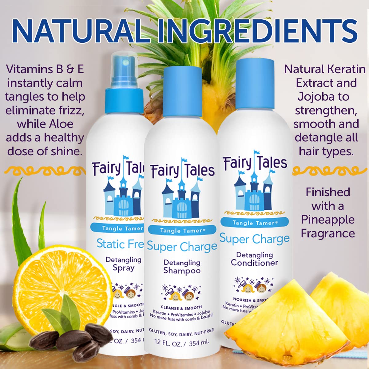 Fairy Tales Tangle Tamer, brillo hidratado, acabado suave tras el peinado.