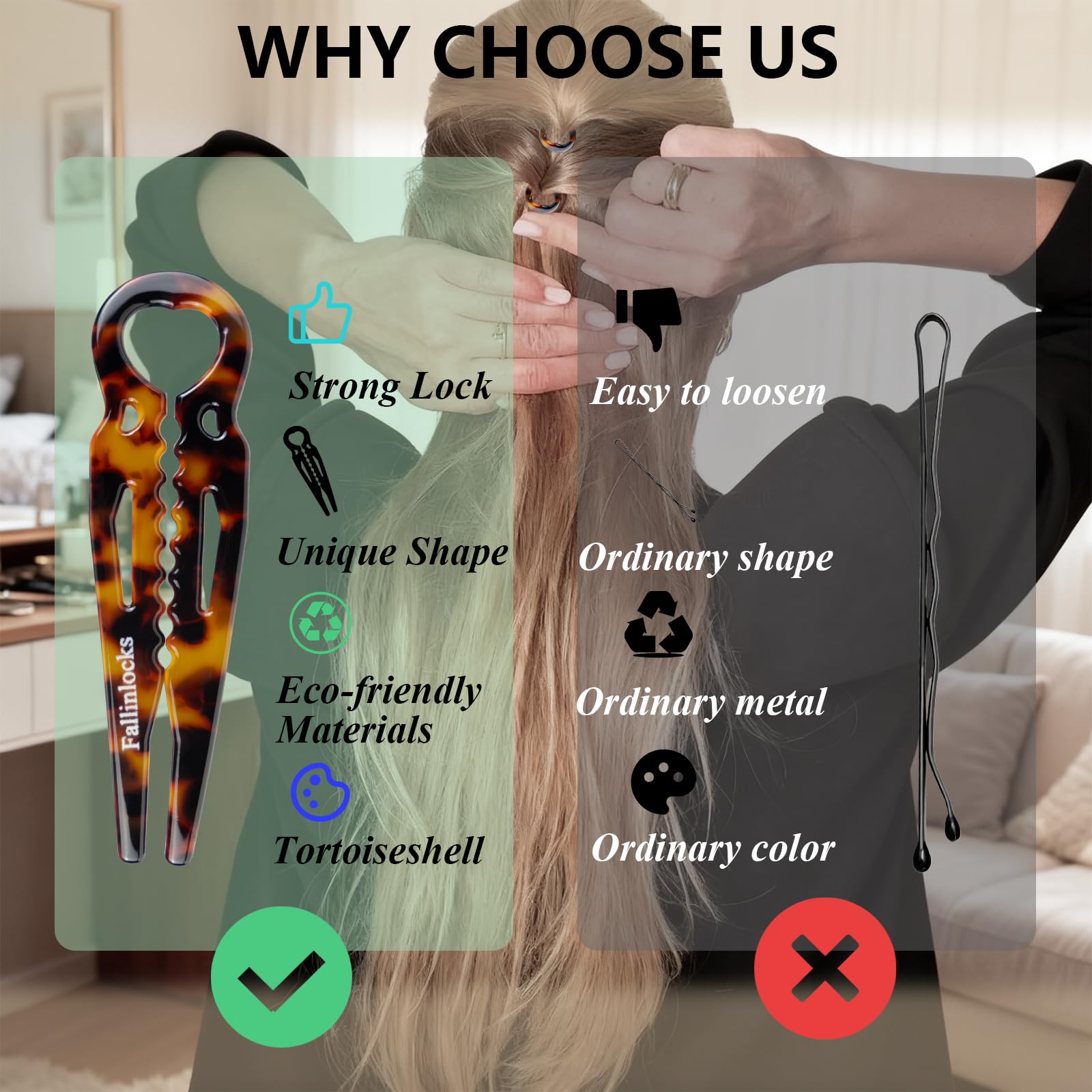 Fallinlocks pin de pelo curvo natural, se adapta a la forma de la cabeza.