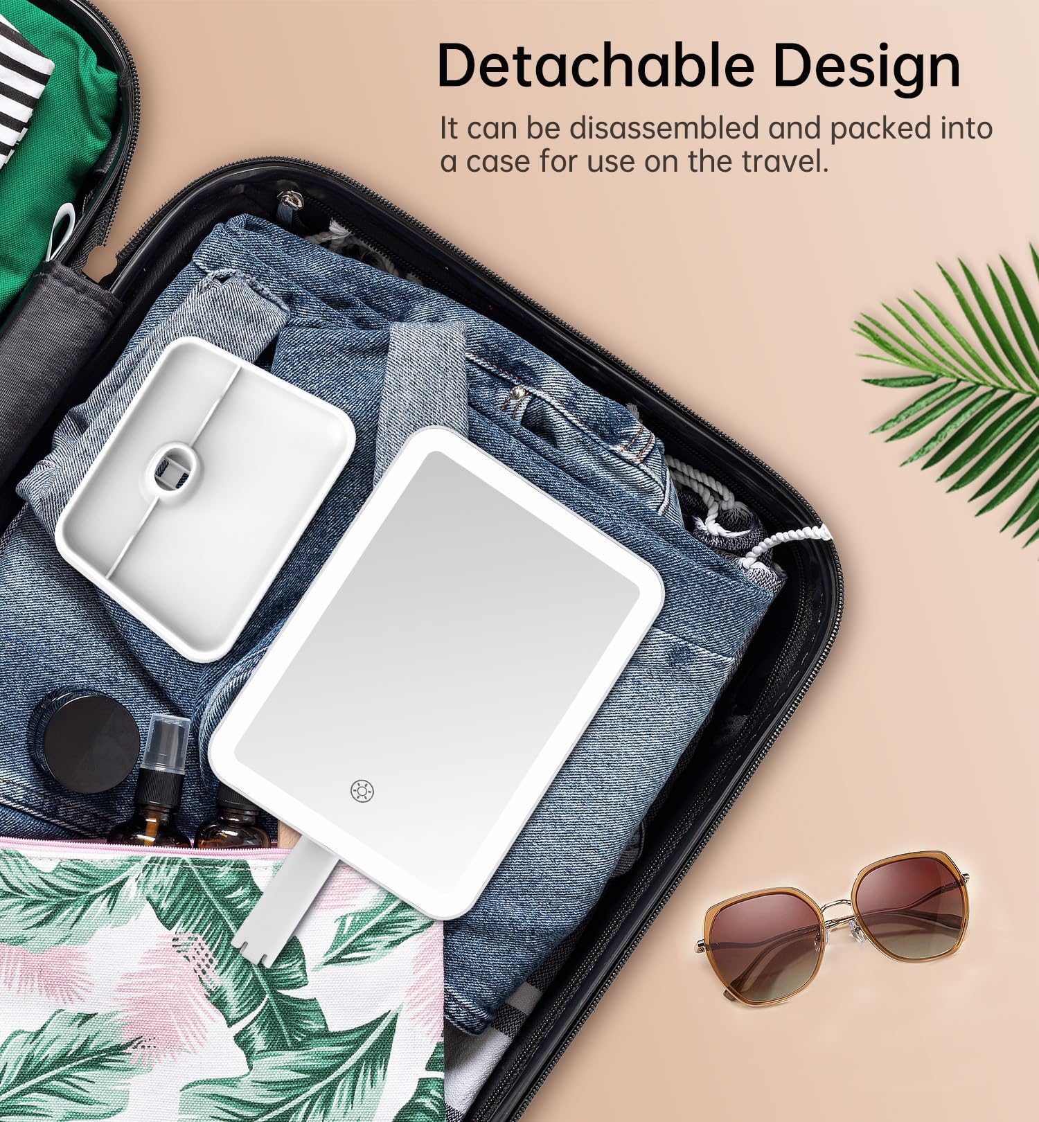 Famihomii Espejo portátil para viaje con iluminación estable.