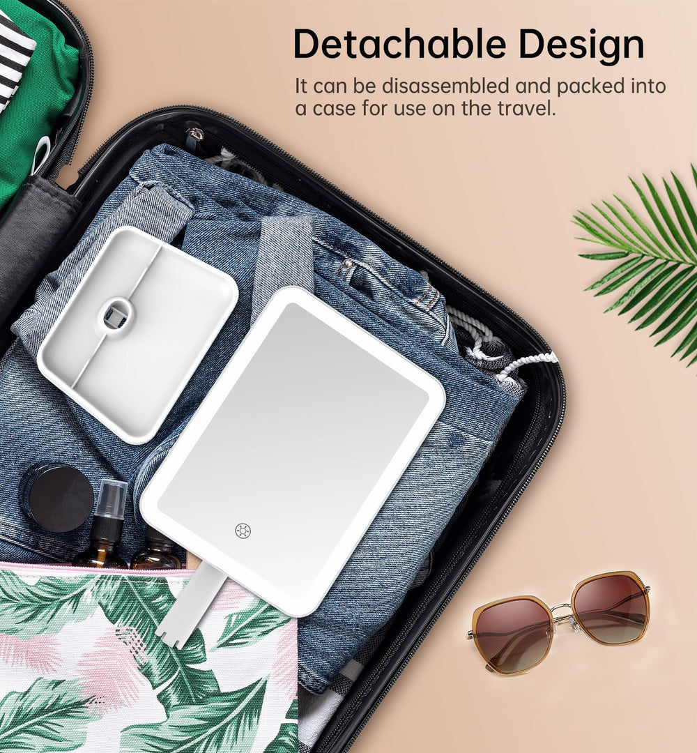 Famihomii Espejo portátil para viaje con iluminación estable.