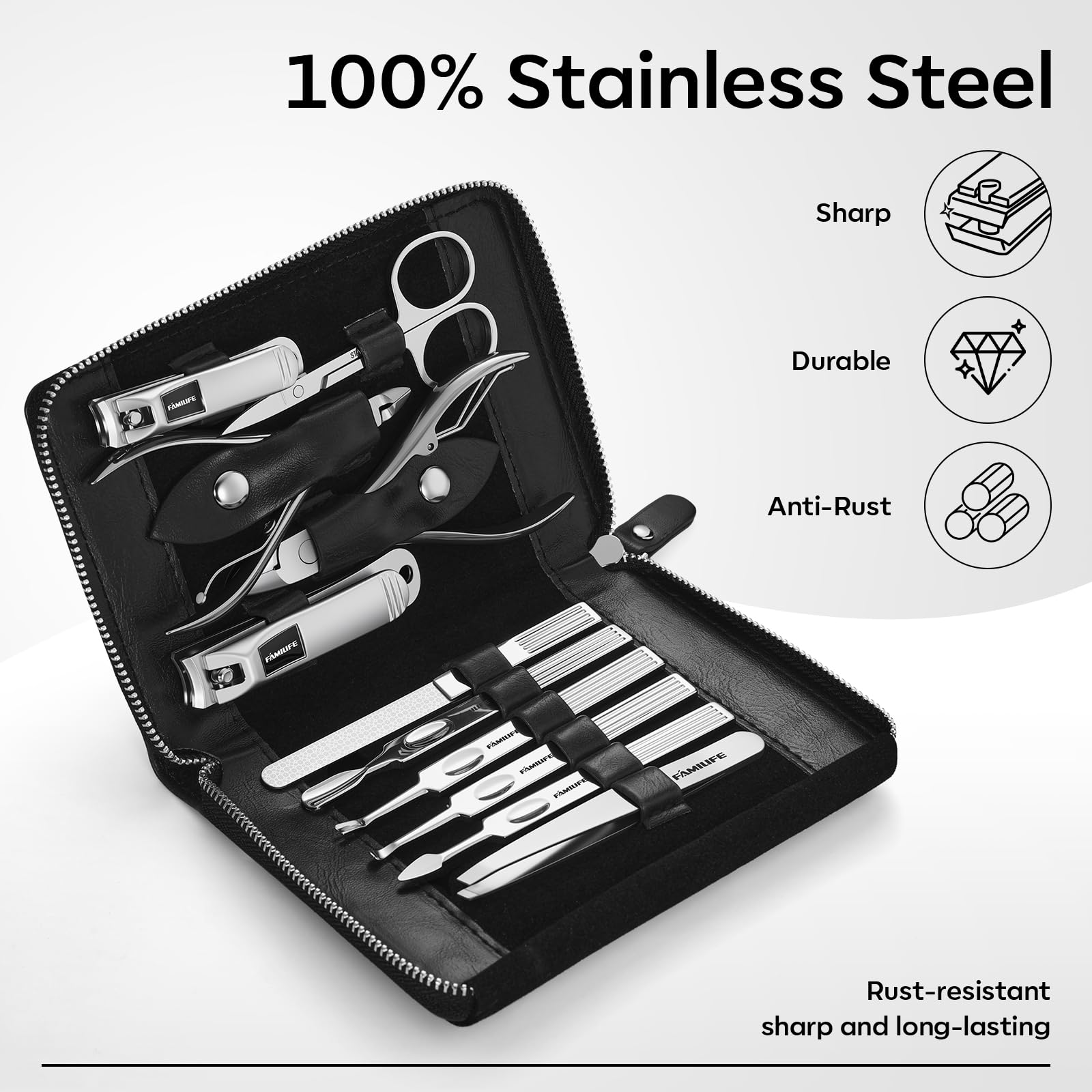 Coupe-ongles main et pied FAMILIFE en acier inoxydable pour des finitions nettes.