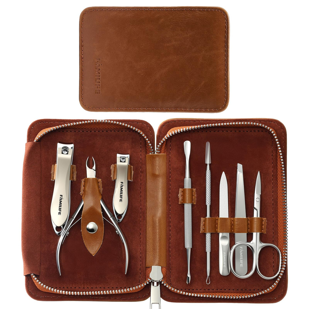 FAMILIFE conjunto de uñas de 8 piezas en estuche cuero marrón para viaje práctico.