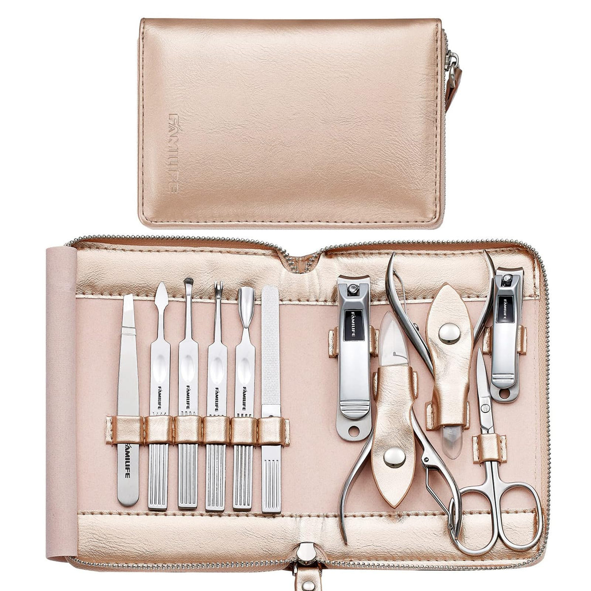 Kit de manicura 11 en 1 de FAMILIFE, estuche de cuero rosa para viaje.