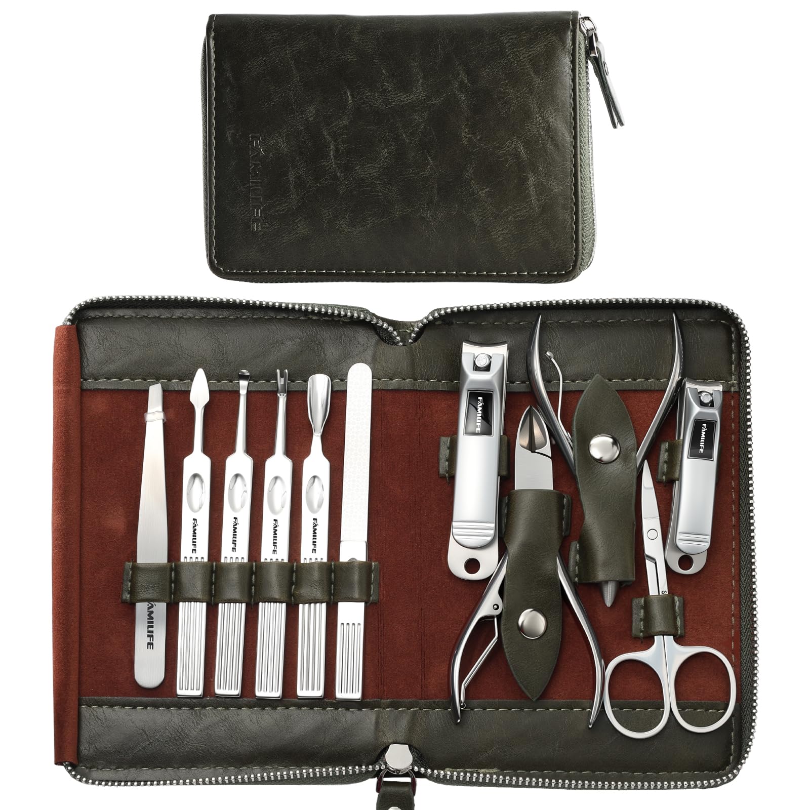 Set de manicura FAMILIFE en estuche verde para cuidado de manos y uñas