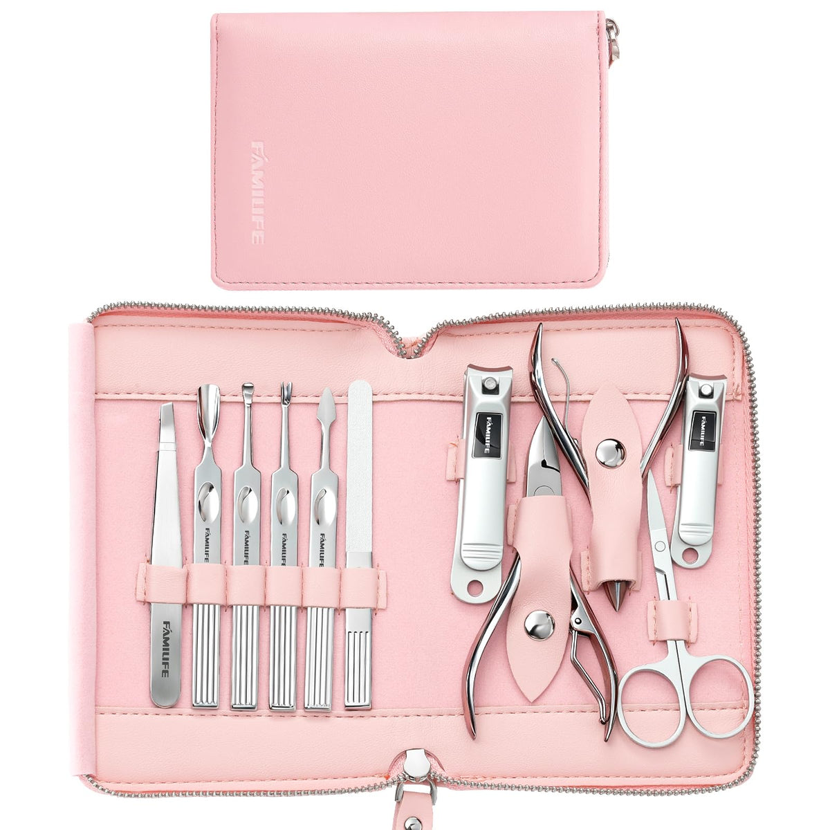 Set de manicura FAMILIFE con estuche rosa, compacto y listo para viajar