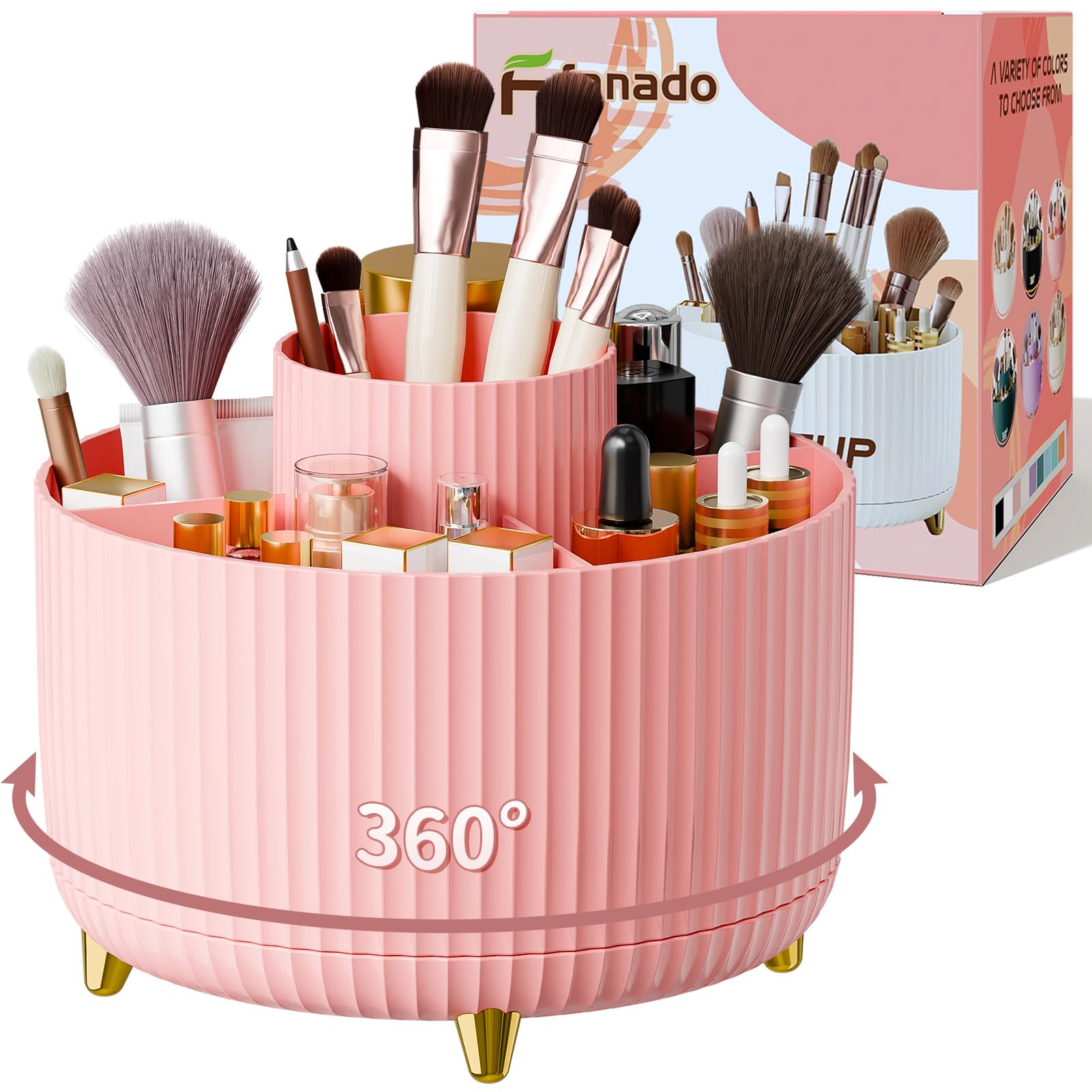 Fanado organizador de maquillaje 360° con vista frontal para ordenar brochas.