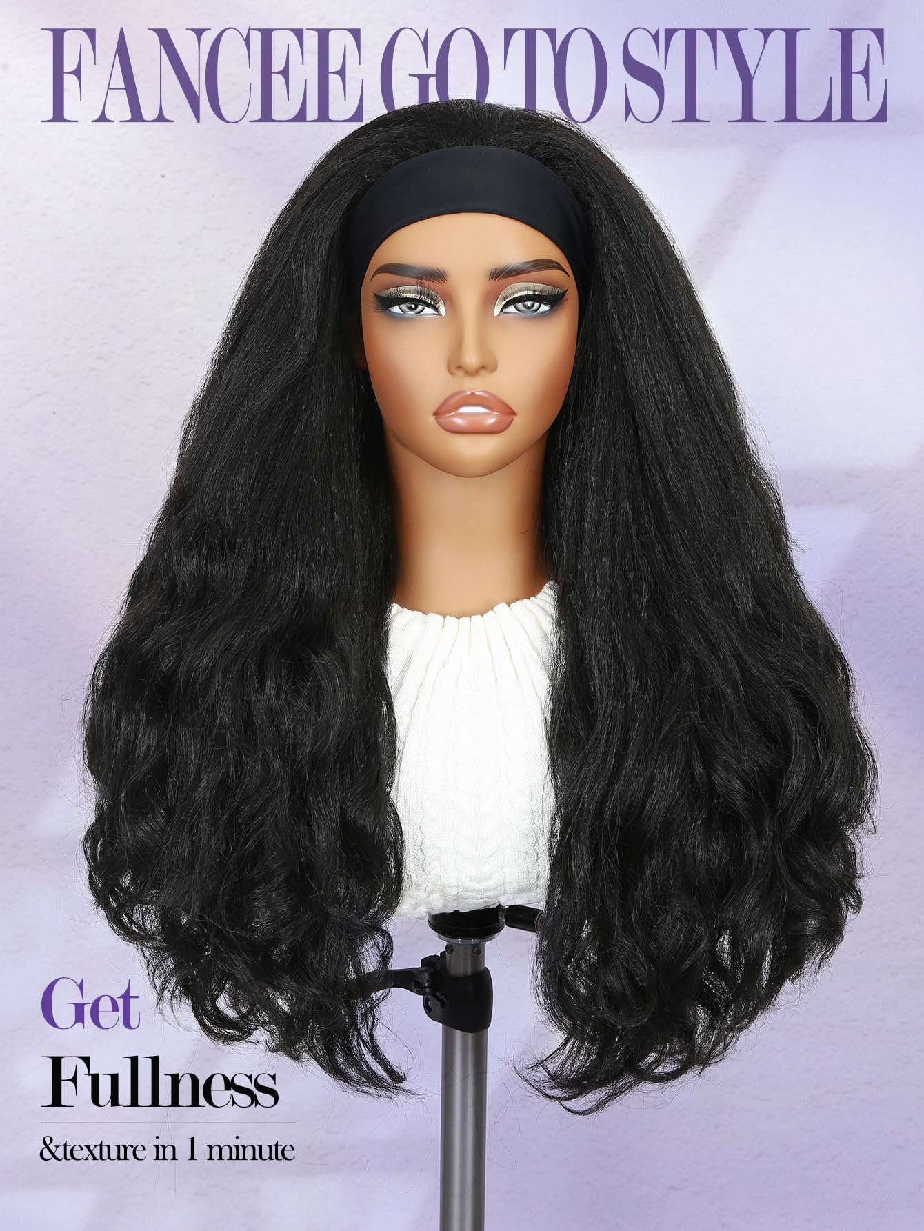 FANCEE Yaki Wavy Headband Wig, detalle de dos clips para sujeción
