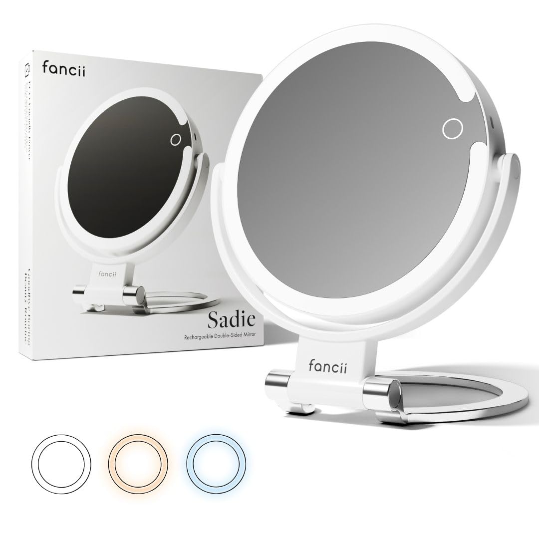 Miroir Sadie de Fancii montre les détails avec 10x et 1x pour un maquillage précis.