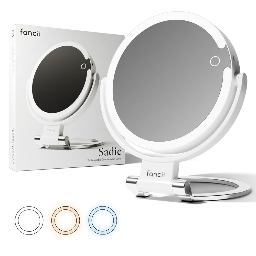 Miroir Sadie de Fancii montre les détails avec 10x et 1x pour un maquillage précis.