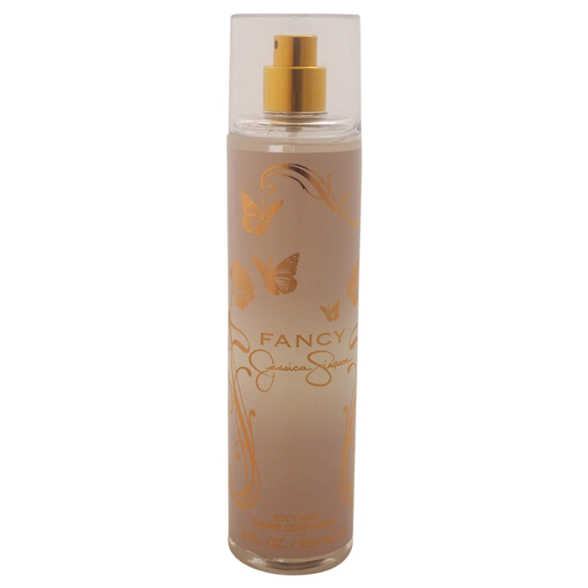 Frasco dorado de Fancy Jessica Simpson bruma corporal, aroma oriental vainilla para uso diario