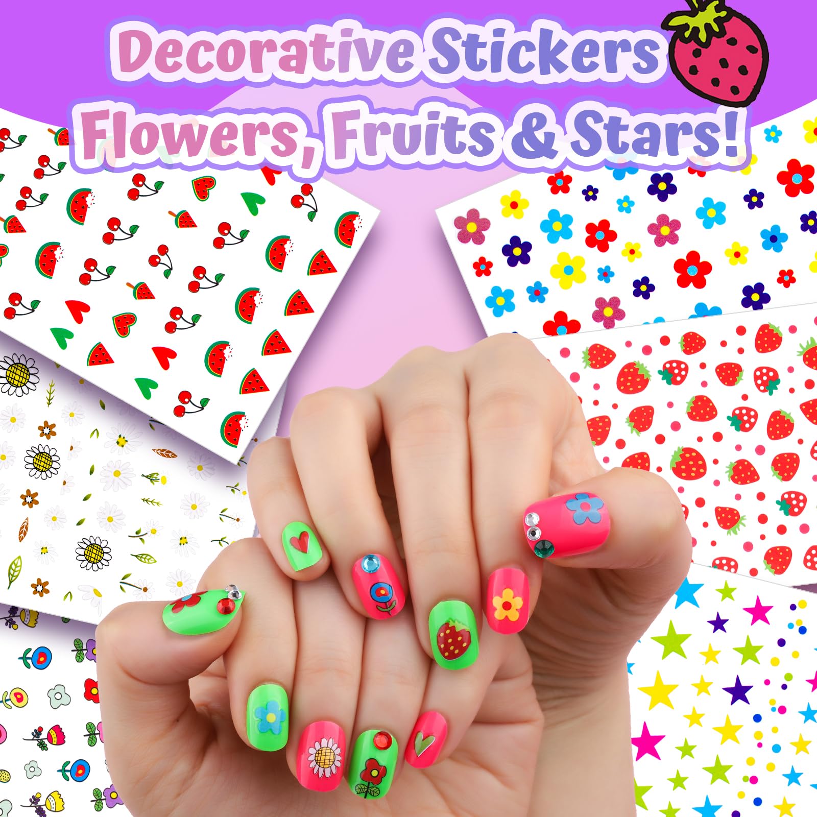 Pegatinas de uñas FANDAMEI para niñas, flores y estrellas.