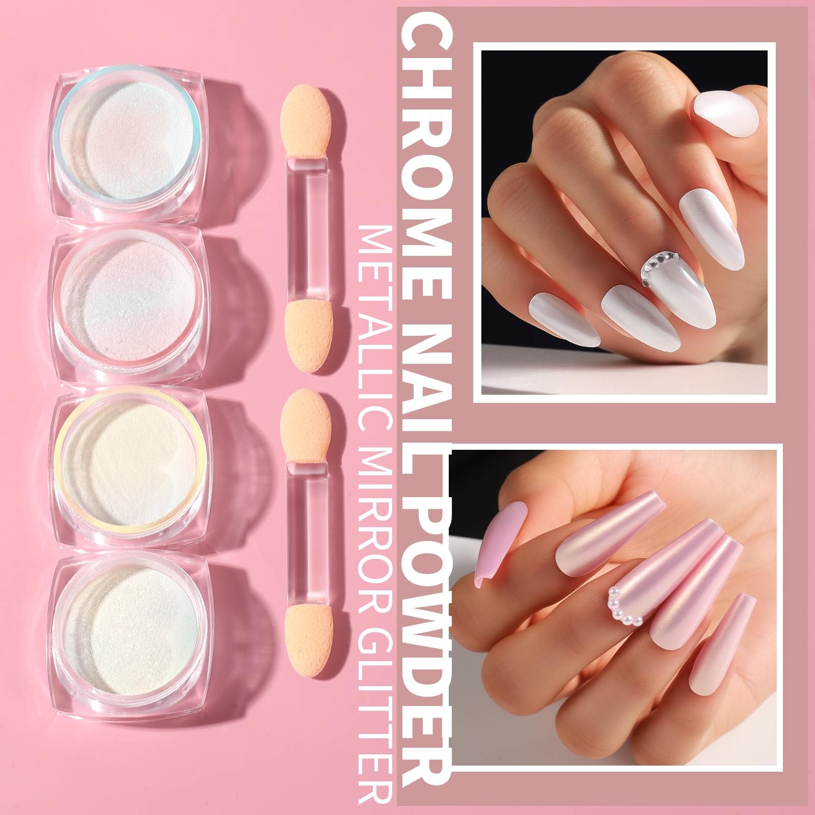 Polvo cromado perlado Fandamei para uñas, crea reflejos brillantes y acabados metálicos.