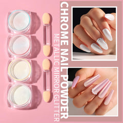 Polvo cromado perlado Fandamei para uñas, crea reflejos brillantes y acabados metálicos.