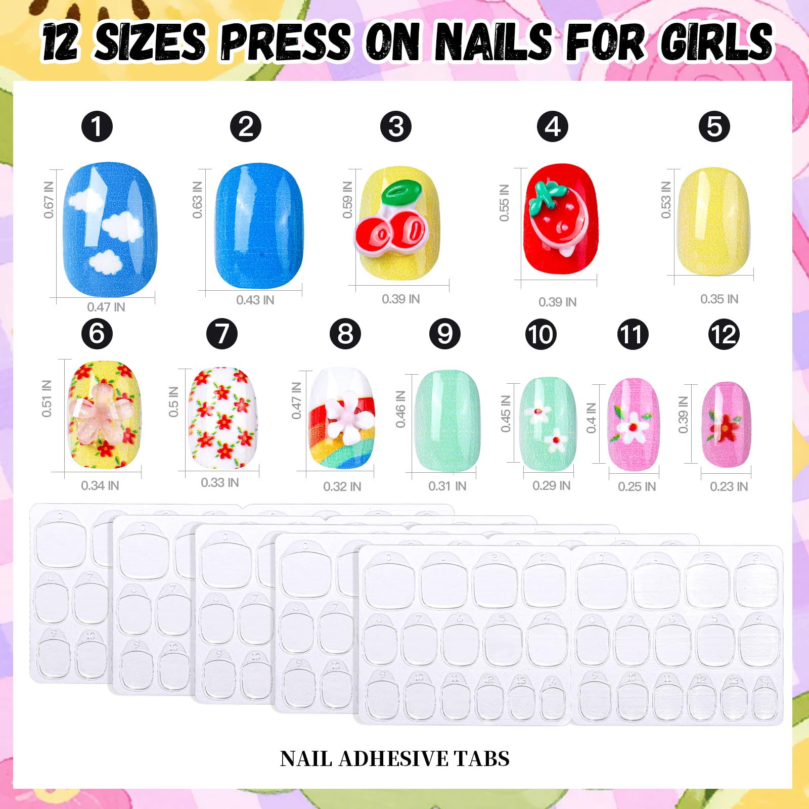 Fandamei uñas infantiles con diseños frutales y corazones, ideas divertidas para creatividad.