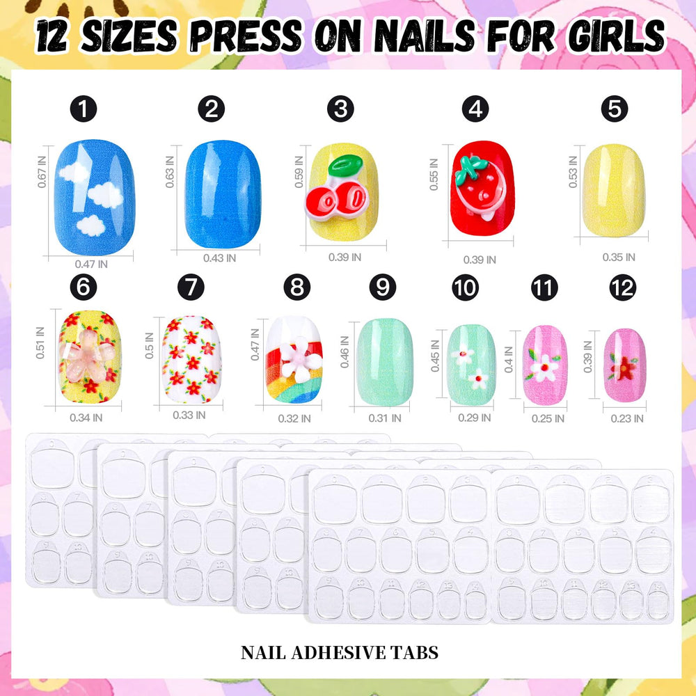 Fandamei uñas infantiles con diseños frutales y corazones, ideas divertidas para creatividad.