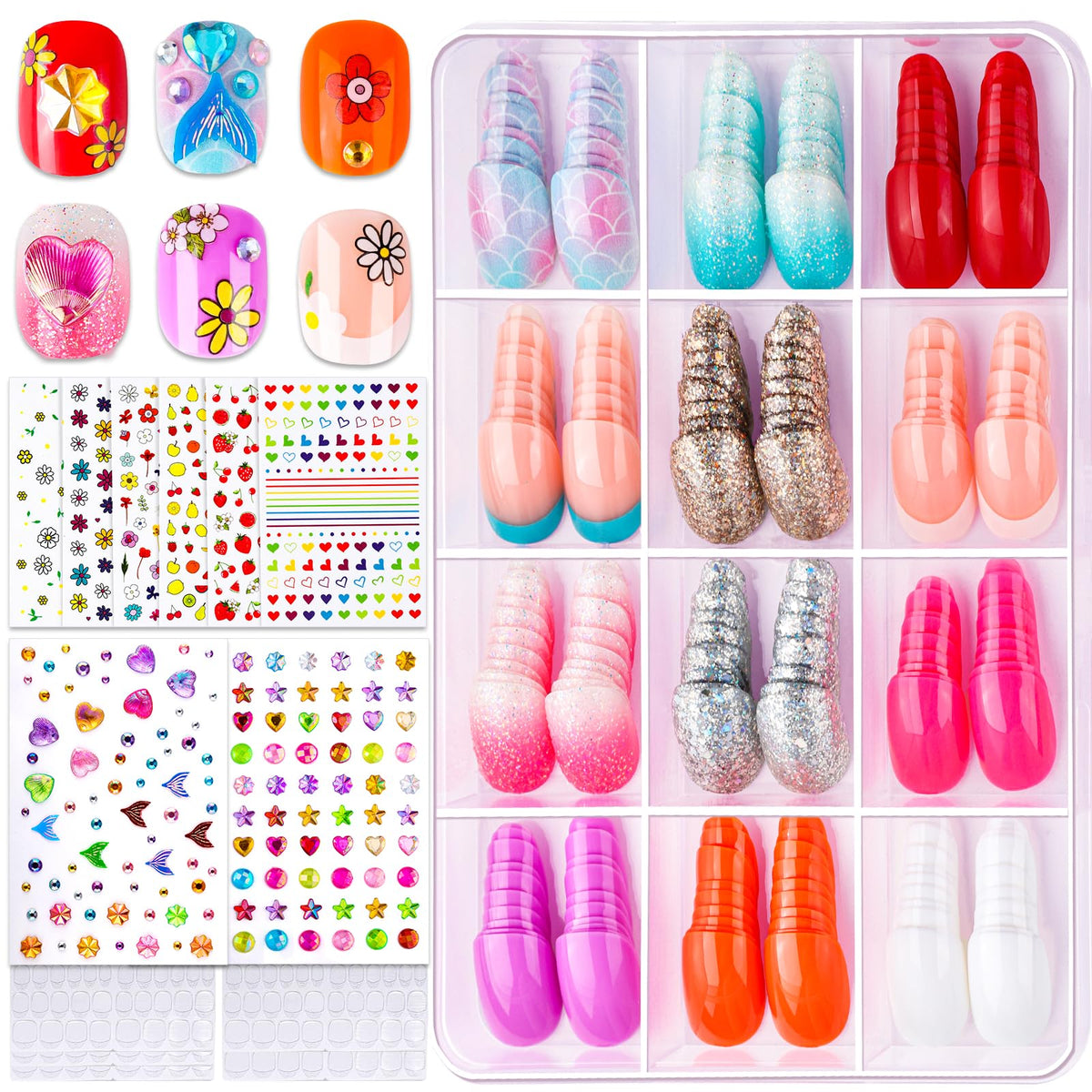 Fandamei uñas postizas para niñas con 12 estilos brillantes para juego diario.