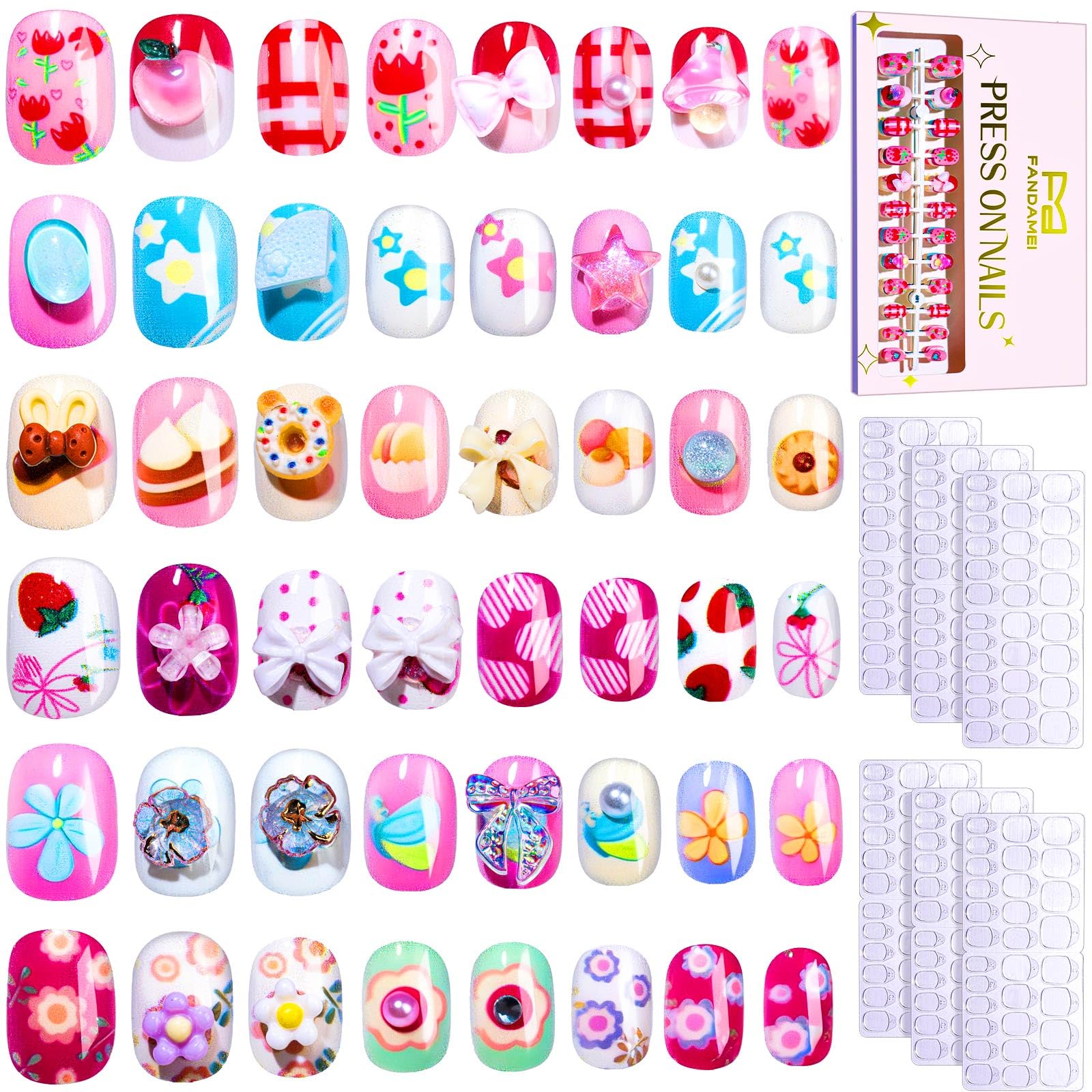 Uñas postizas Fandamei para niñas con 6 estilos brillantes para juego diario.
