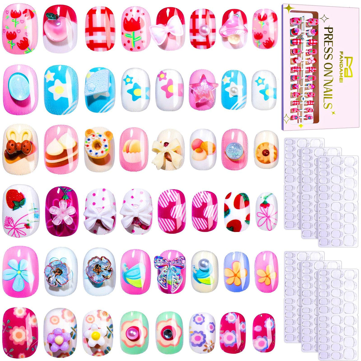 Uñas postizas Fandamei para niñas con 6 estilos brillantes para juego diario.