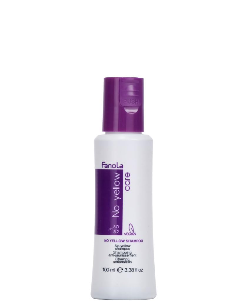 Fanola No Yellow Shampoo travel size bottle pour to reduce yellow tones in blonde hair.