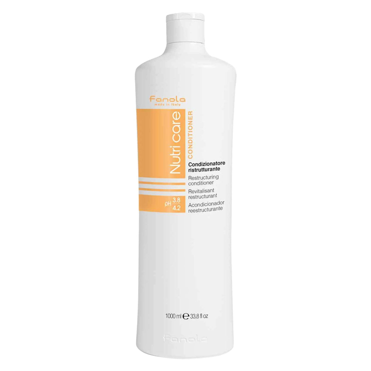 Fanola Acondicionador de Reconstrucción, botella derramando, hidratación profunda para cabello dañado.