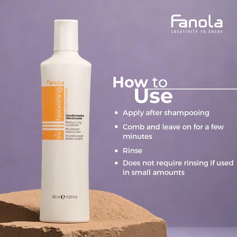 Fanola Acondicionador de Reconstrucción, ingredientes Argán y Linaza, nutrición para mayor elasticidad.