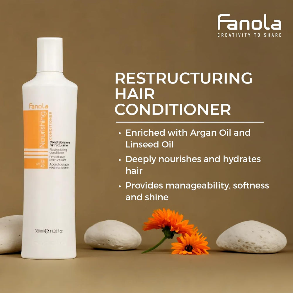 Fanola Acondicionador de Reconstrucción, textura seda, cabello más suave y manejable.