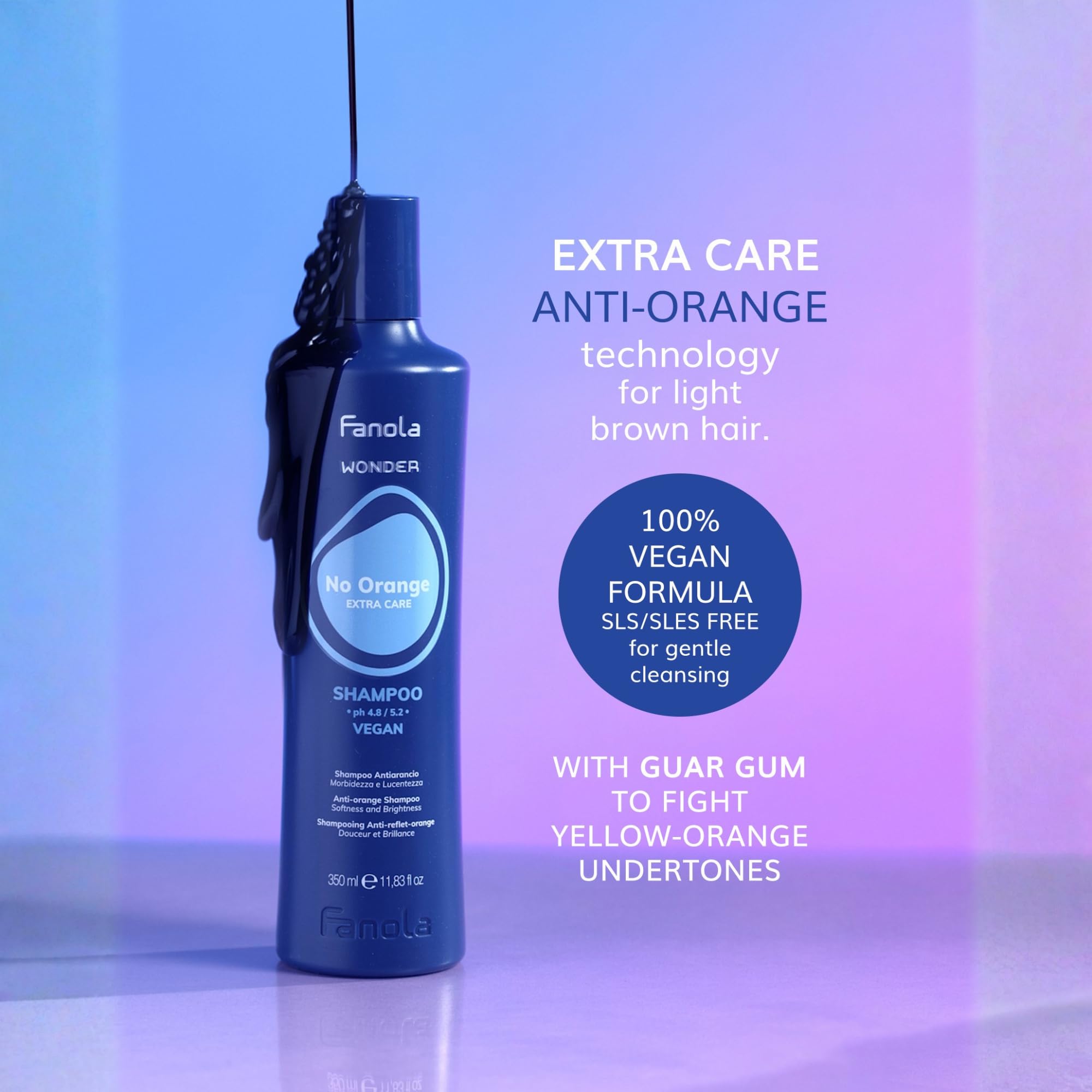 Fanola Wonder No Orange Blue Shampoo – application sur cheveux: ton plus frais et lumineux.