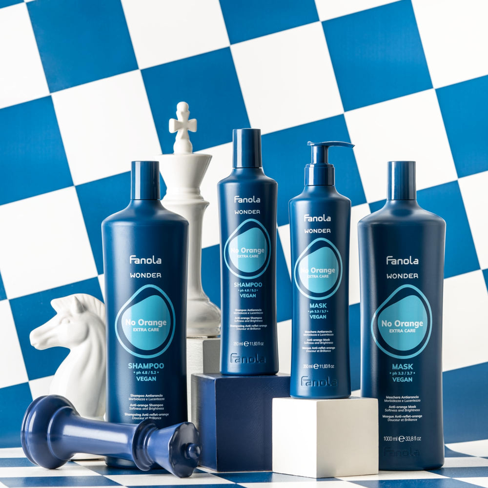 Fanola Wonder No Orange Blue Shampoo – résultats ton froid et lumineux sur cheveux colorés.