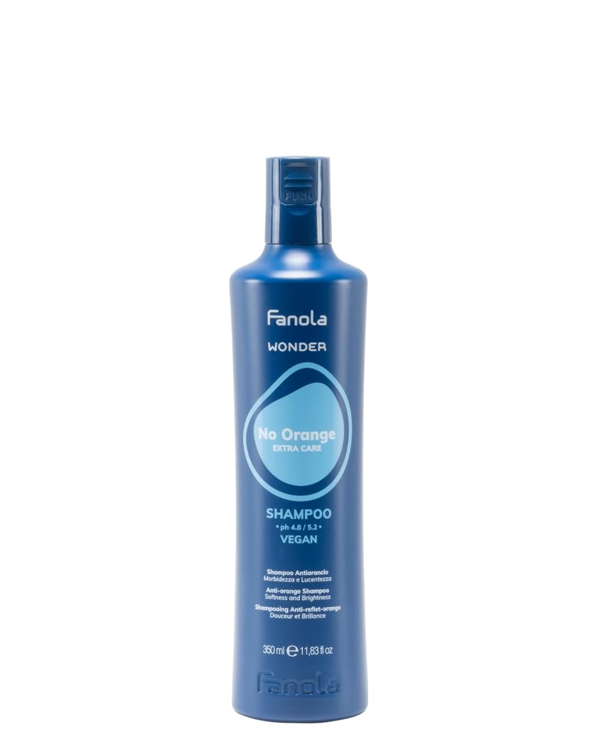 Fanola Wonder Sin Naranja: botella azul neutralizando tonos cálidos en cabello tratado.