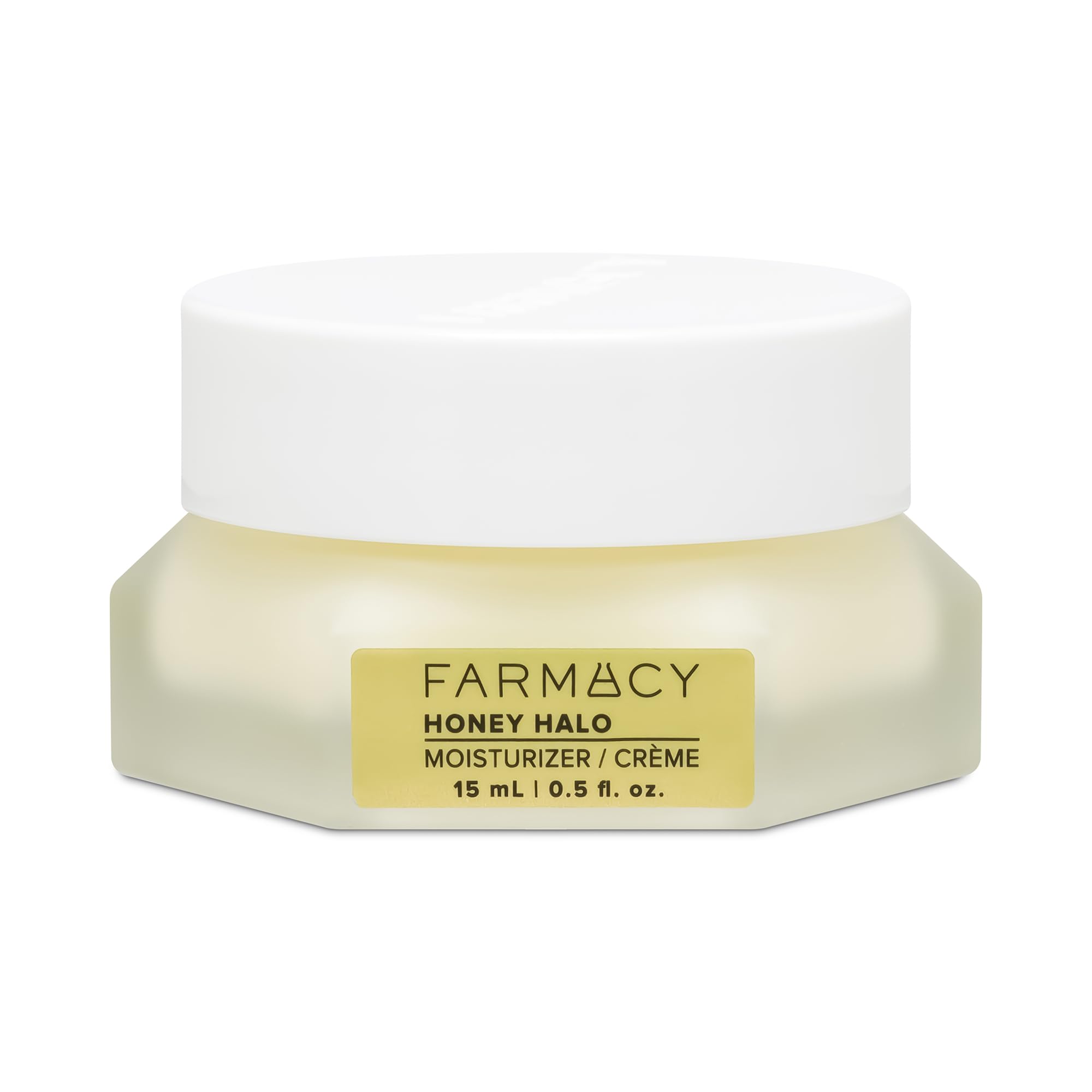 Farmacy Honey Halo bottle closeup showing ceramide moisturizer for deep hydration.