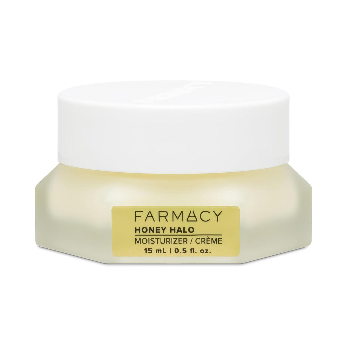 Farmacy Honey Halo bottle closeup showing ceramide moisturizer for deep hydration.