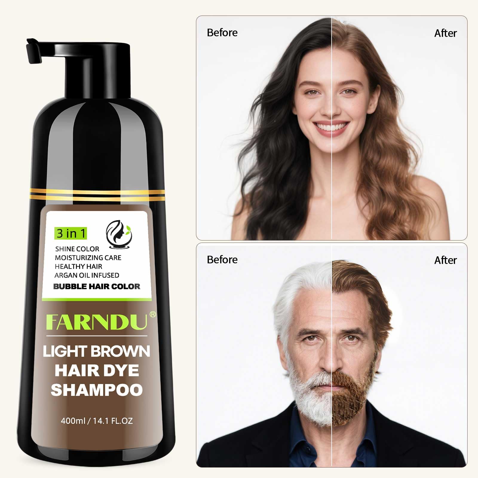 Farndu shampoo color 3 en 1 sin amoníaco para uso diario.