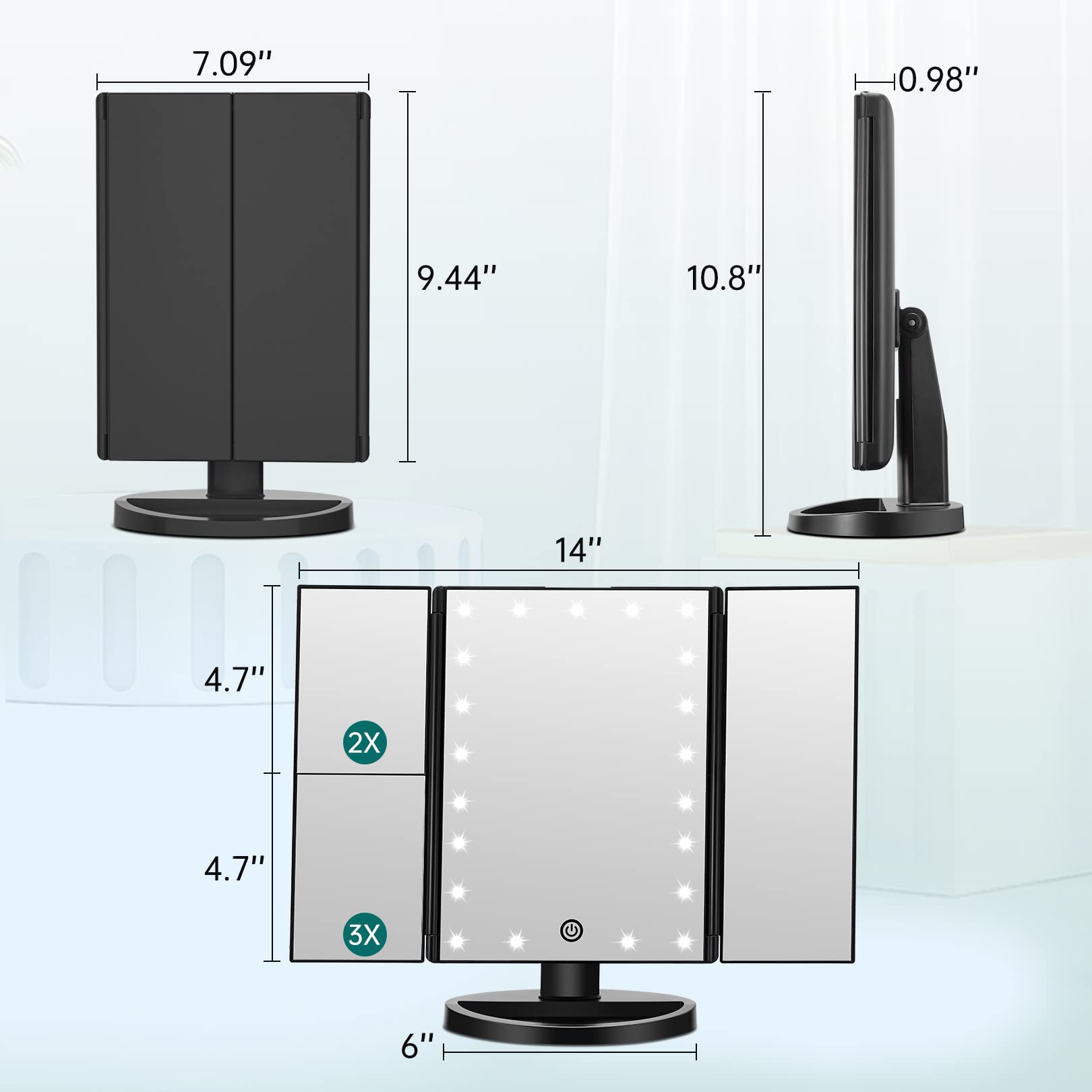 Diseño triple plegable compacto, ideal para viajar