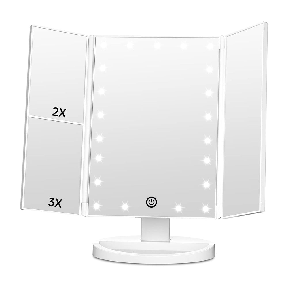FASCINATE trifold con luces, vista frontal clara para maquillaje detallado.