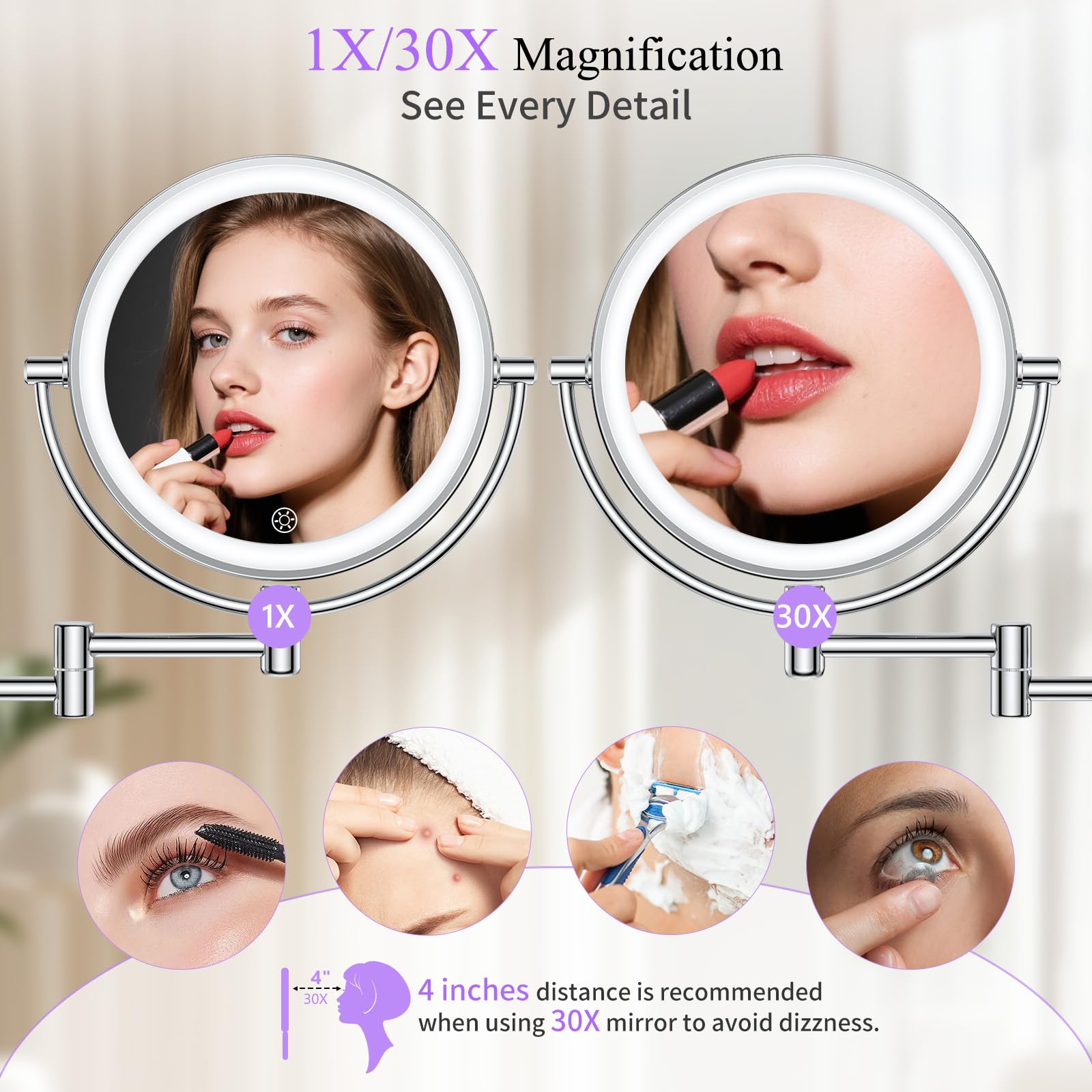 FASCINATE plug-in powered mirror guarantees steady brightness without battery changes
