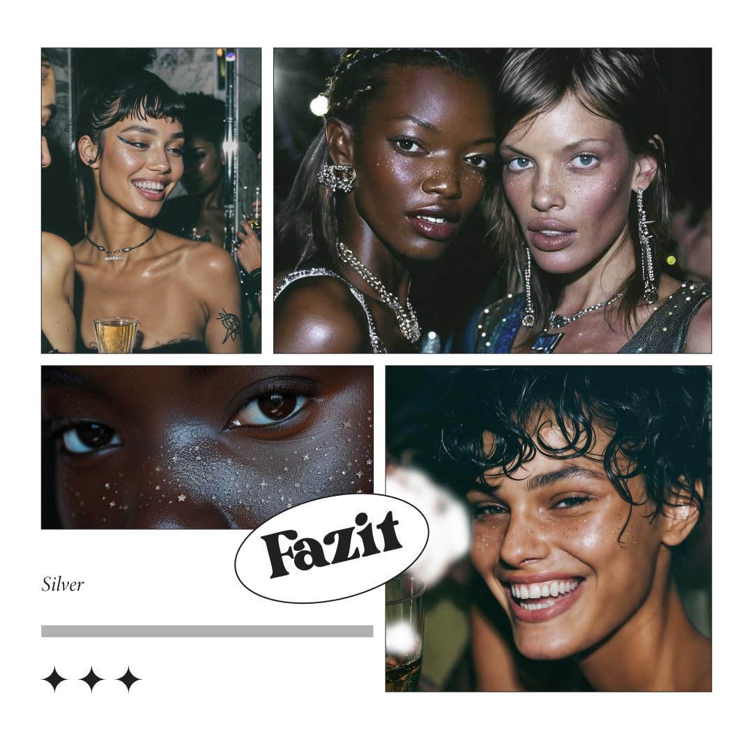 Parche Fazit, brillo plateado, resistente al agua para looks duraderos.