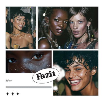 Parche Fazit, brillo plateado, resistente al agua para looks duraderos.