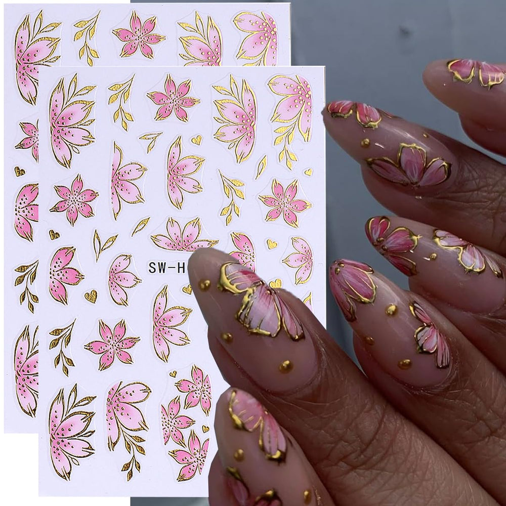 Decal uña FBABFBUO flor rosada y pétalos, ideal para uñas naturales