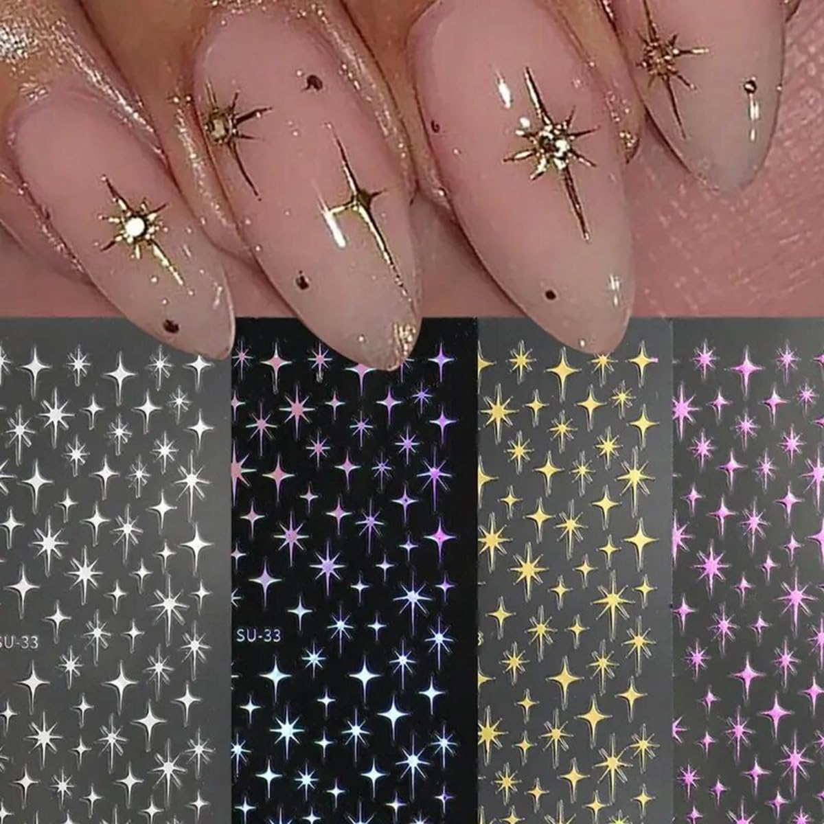 FBABFBUO estrellas uñas 3D doradas para acabado deslumbrante en manicuras