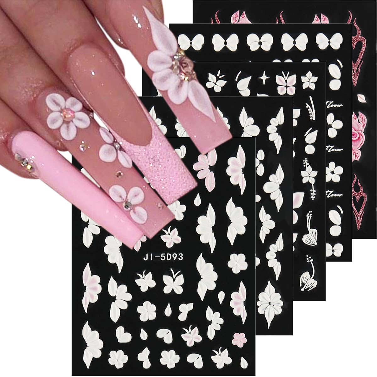 Pegatinas Fcozpjk 5D flores blancas en relieve para uñas, acento delicado
