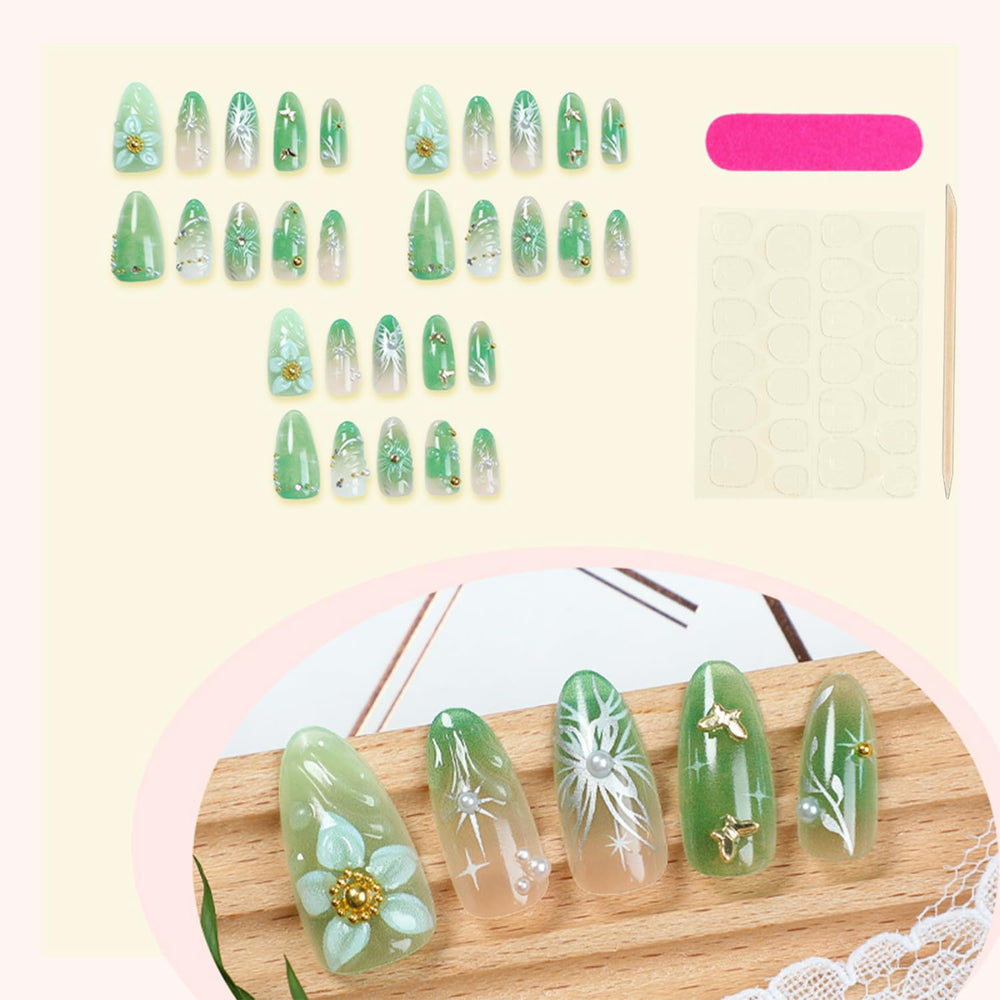 Uñas FDSQHSA verde con perlas y piedras para un look sofisticado